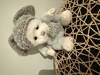 Paul est un ours en peluche blanc et gris avec un chapeau et une écharpe gris.