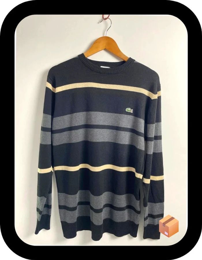 Pull Lacoste – Taille XXL – Noir, gris et beige – Très bon état