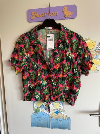 Chemise à manches courtes rose à motifs colorés, taille 14 ans, marque Gemo