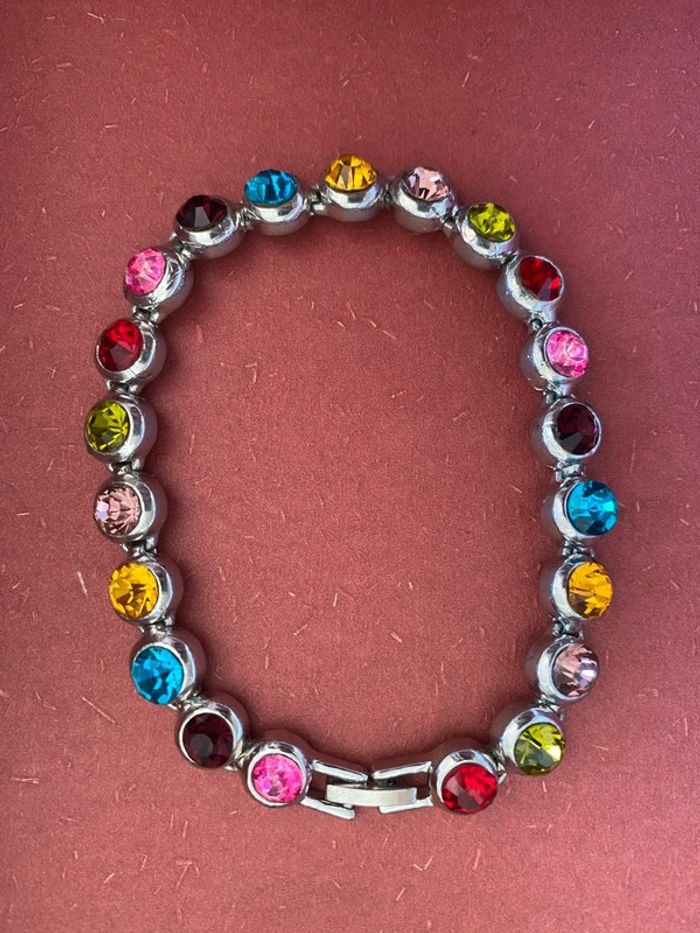 Parure bracelet et broche avec strass brillants multicolores - photo numéro 2