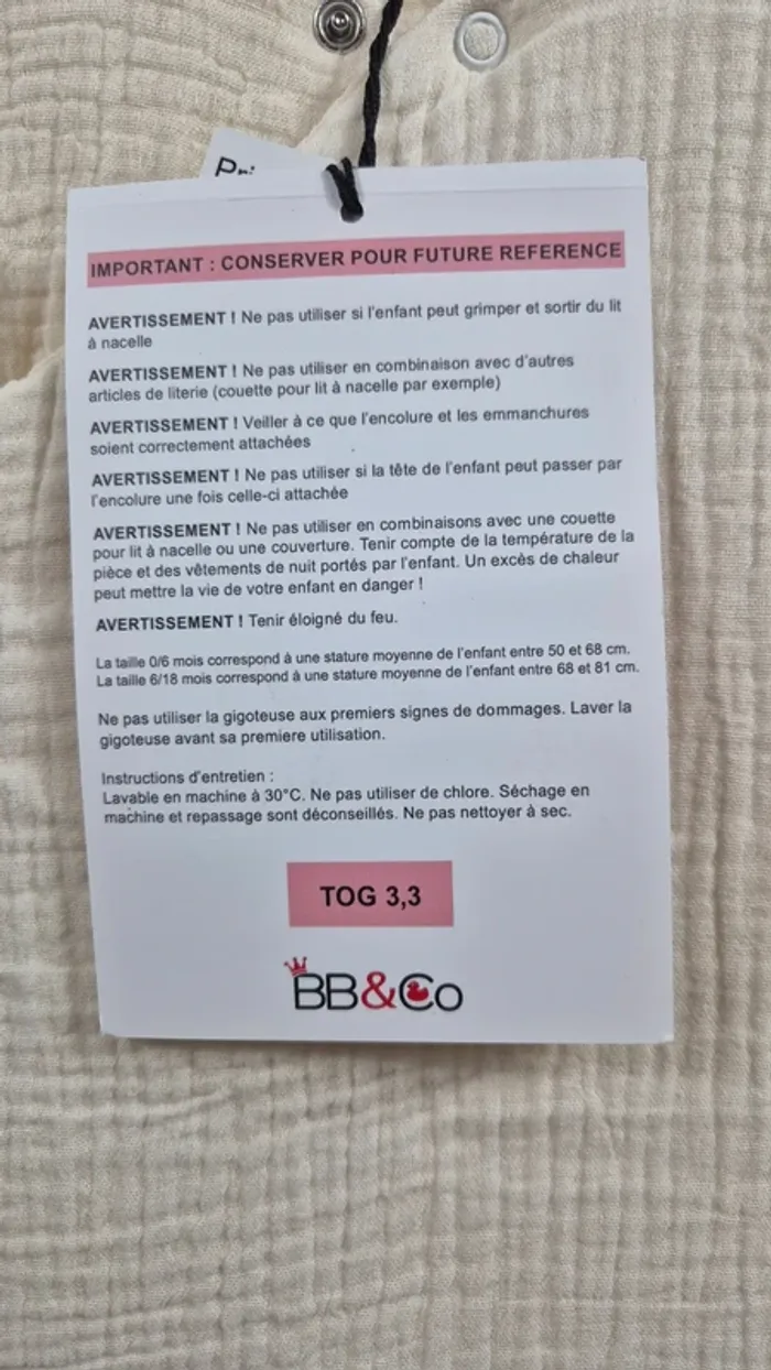 Gigoteuse BB&Co – Taille 6/18 mois – TOG 3,3- A13 - photo numéro 3
