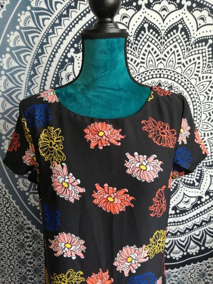 Robe noire manches courtes motifs fleurs et rayures / la redoute / (S) - photo numéro 3
