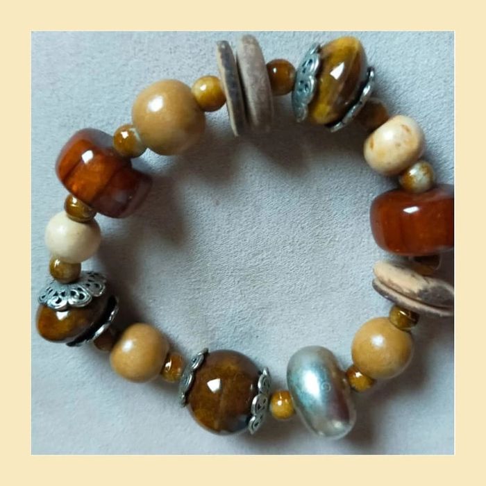 Parure vintage collier + bracelet perles bois & céramique - photo numéro 4