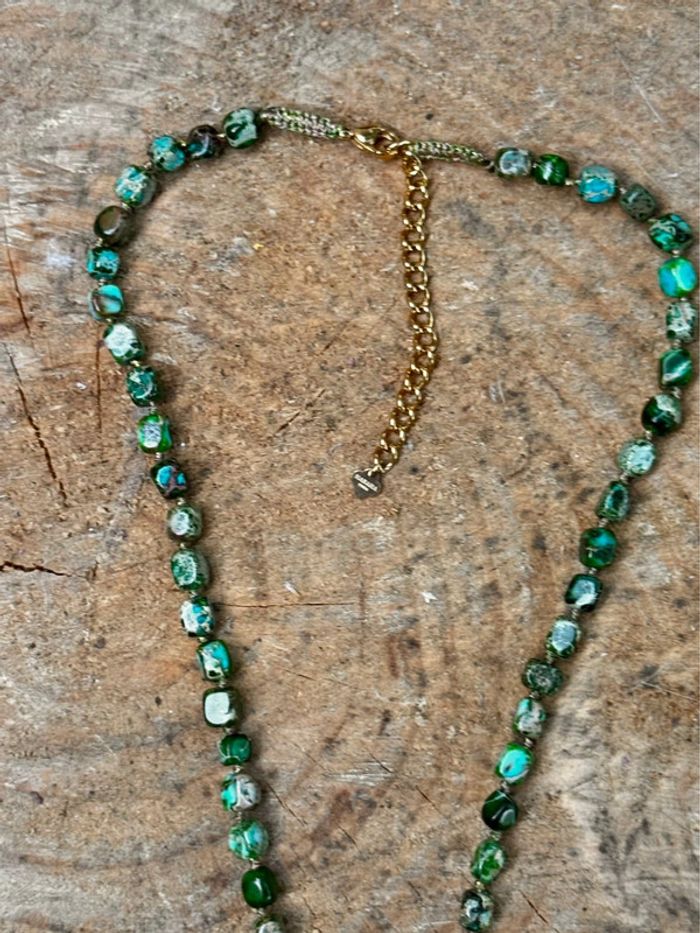 Gros collier réglable pierres malachites pendentif améthyste acier inoxydable or habaha Paris - photo numéro 8
