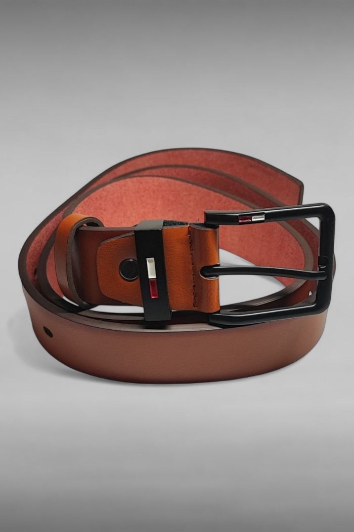 Ceinture cuir PU marron claire / Boucle acier noire / 120CM