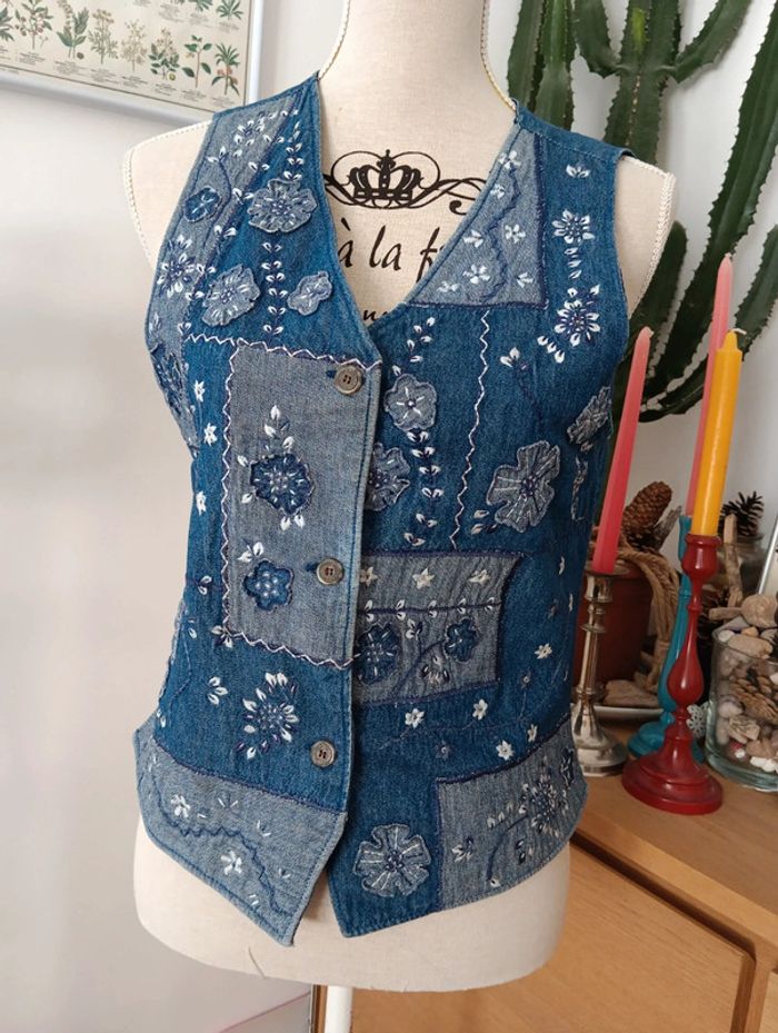 Gilet vintage en jean patchwork Jac Jac - photo numéro 3