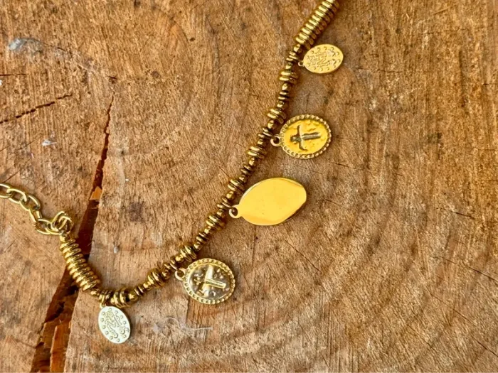 Collier chaîne épaisses perles anneaux médailles croix vierge acier inoxydable or petit créateur - photo numéro 5