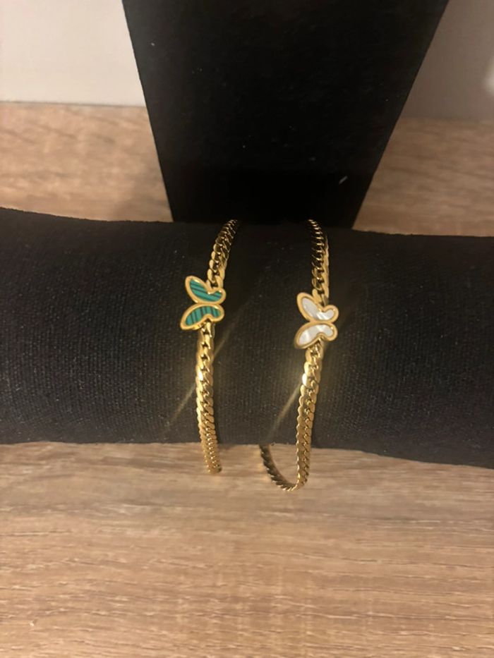 Ensemble collier et bracelet papillon blanc ou vert acier inoxydable couleur or - photo numéro 3
