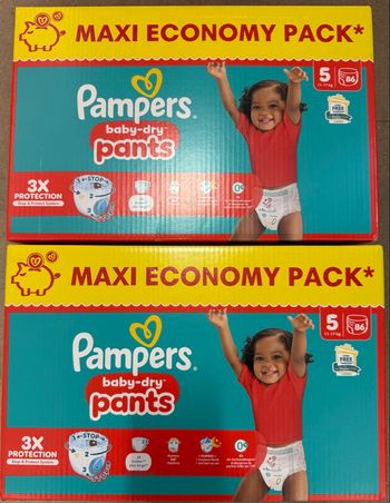 2 cartons de 86 couches Pants Pampers Baby Dry Taille 5
