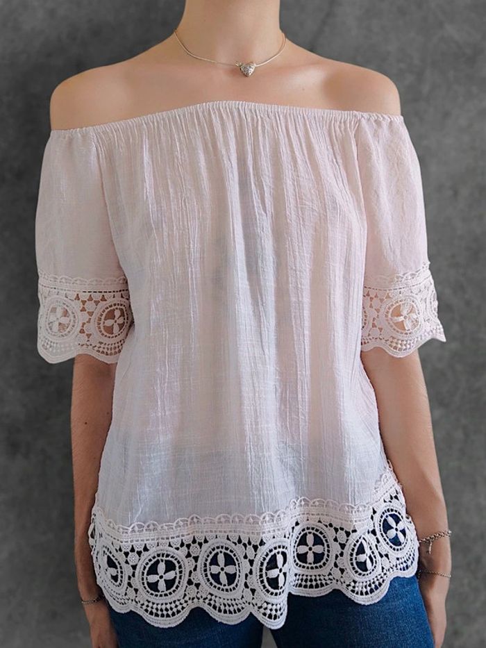 Top épaule dénudé blanc rose pastel dentelle vintage - 36/S à 42/XL - photo numéro 3