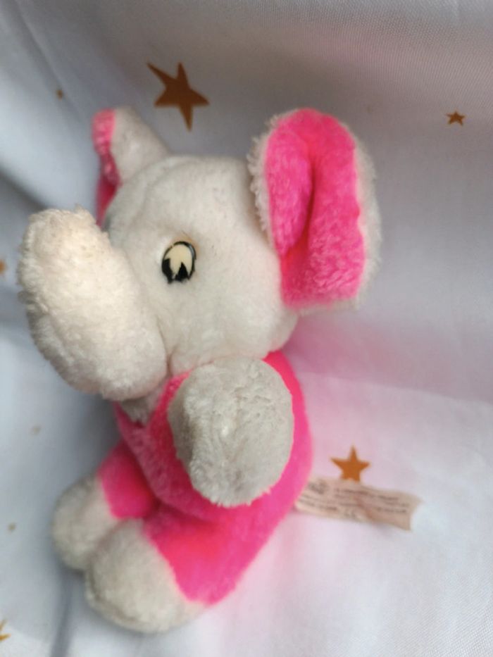 Petite petit small peluche plush Teddy éléphant rose fluo pink bouclette boulgom easy vintage blanc - photo numéro 7