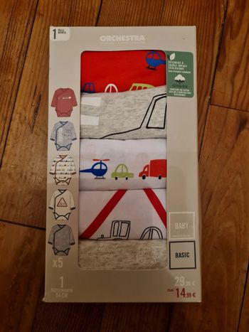 Lot de 5 bodys manches longues orchestra taille 1 mois neuf