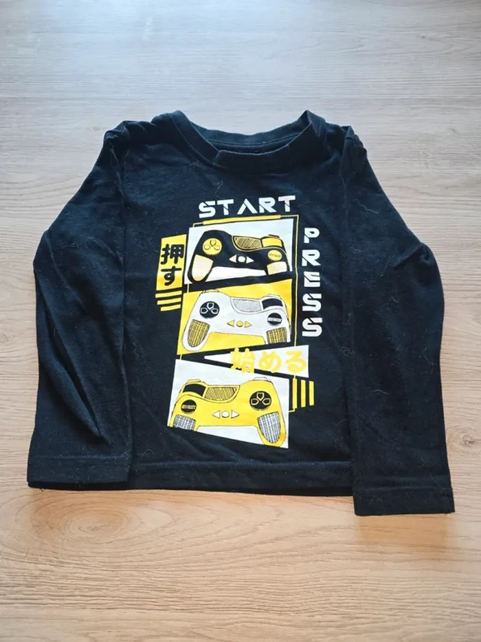 T-shirt manches longues noir garçon – motif manettes « Start Press »