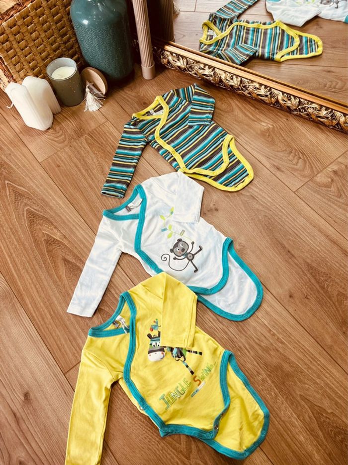 Taille 1 mois lot de 3 bodies manches longues garçon orchestra turquoise et vert anis * girafe * 💙