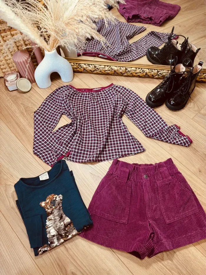 Taille 6 ans tenue 3 pièces fille multimarque violet bleu marine * carreaux sequins et velours * 🌸