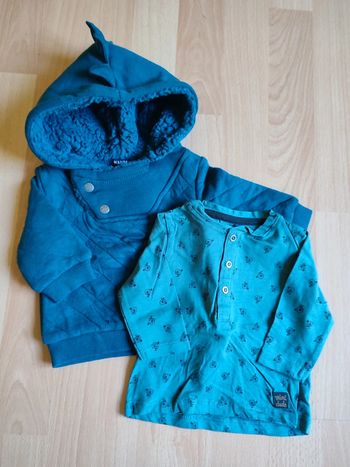 Lot Neuf Sweat à capuche molletonné + t-shirt manches longues Kiabi en 1M