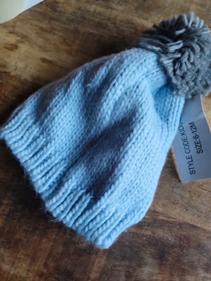 Bonnet bleu effet maille pompon 6 12 mois - photo numéro 4