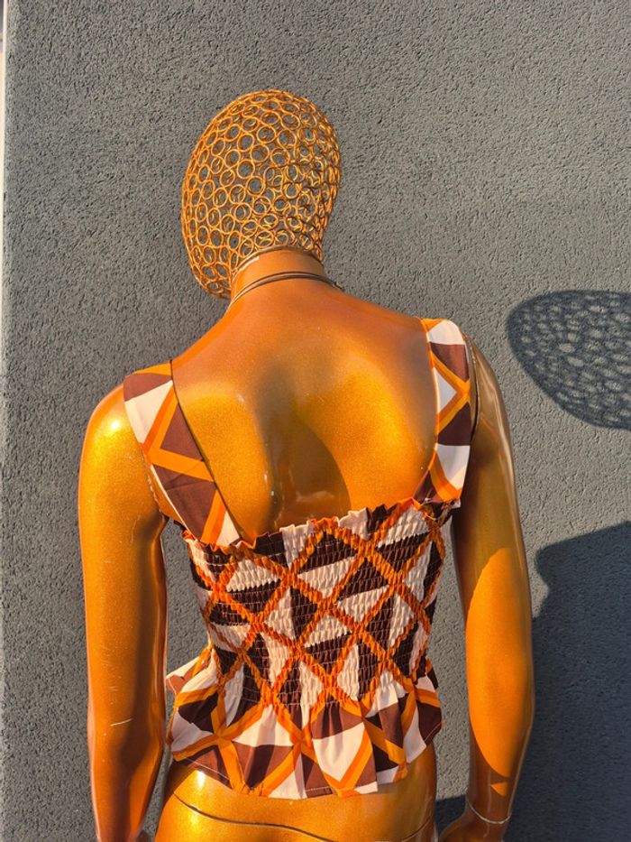 Top Court Plissé Femme Orange et Marron Taille M/38 - photo numéro 2