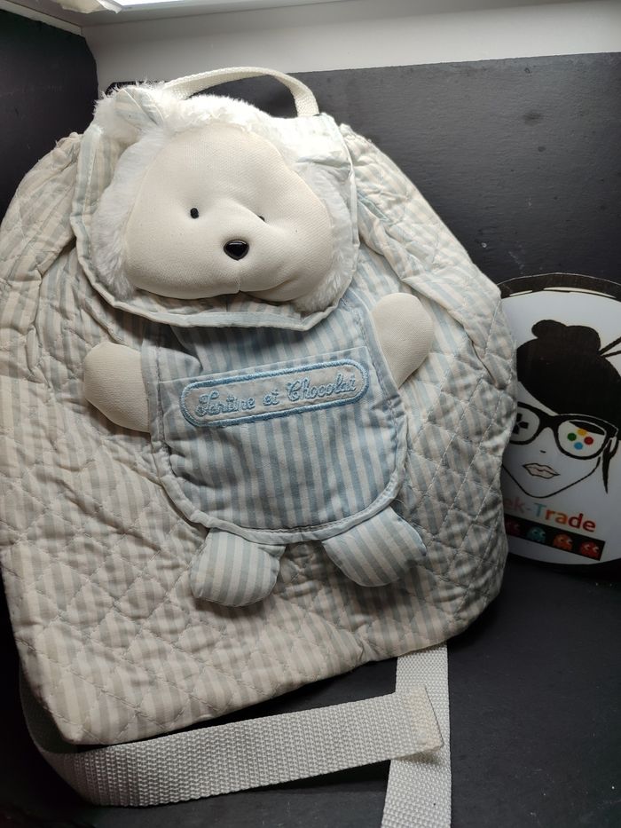 sans enfant peluche ancien tartine et chocolat ours bleu blanc gris rayé rayure poche