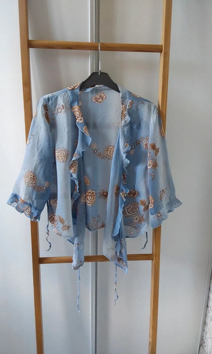 Superbe ensemble fluide Vintage bleu fleuri marron jupe et veste boléro T40 - photo numéro 14