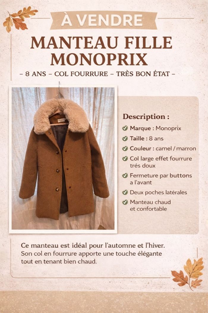 Manteau fille Monoprix – 8 ans – col fourrure - photo numéro 1