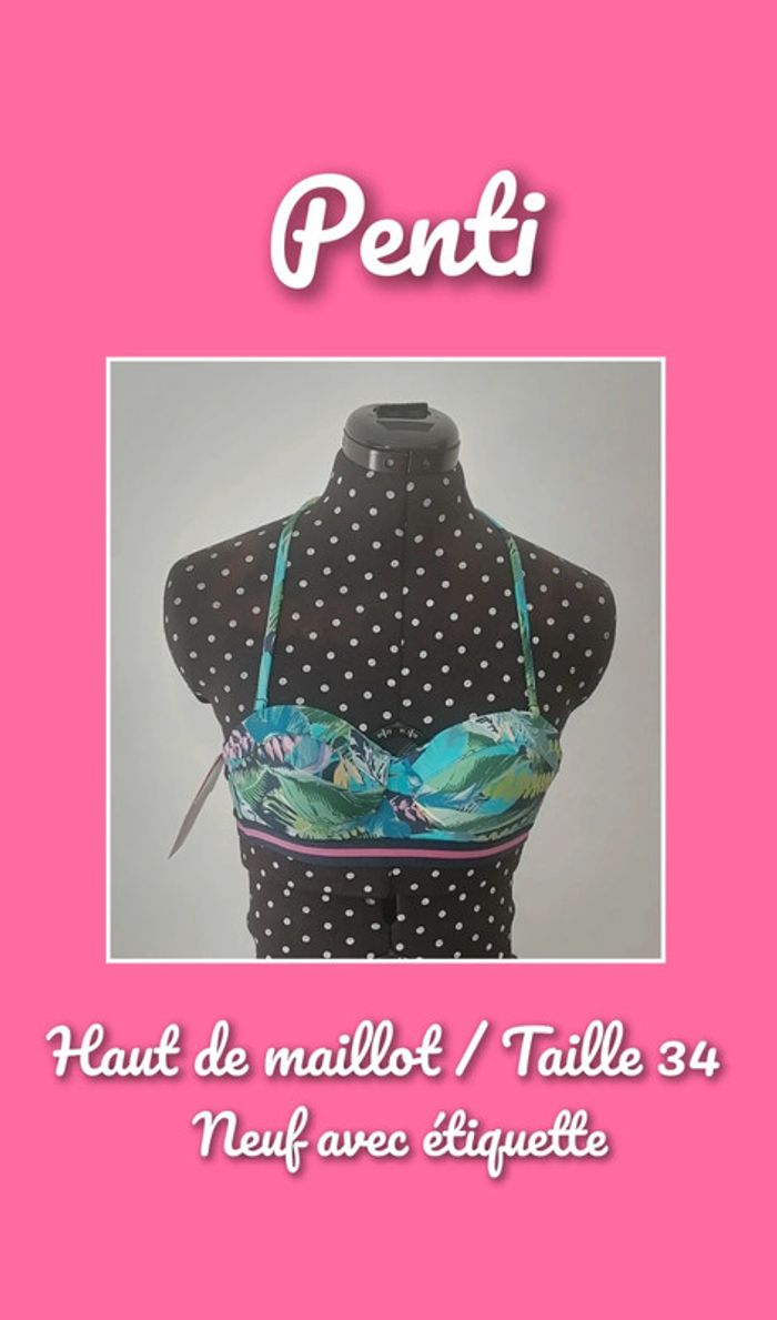 Haut de maillot de bain tropical bleu turquoise rose Taille 34 Penti