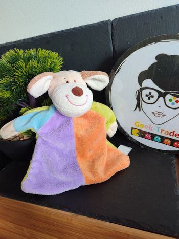 doudou plat chien Eddy toys Zeeman grelot violet orange vert beige marron bleu