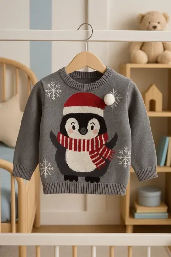 Pull bébé gris à motif pingouin festif – Cool Club – Neuf avec étiquette – Taille 3 mois