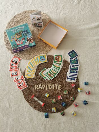 Jeu jeu de rapidité, visages animaux rigolos, sablier, comme neuf, complet dès 36 mois 