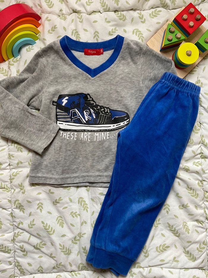 pyjama 2 pièces en velours gris et bleu tissaia 2 ans - photo numéro 3