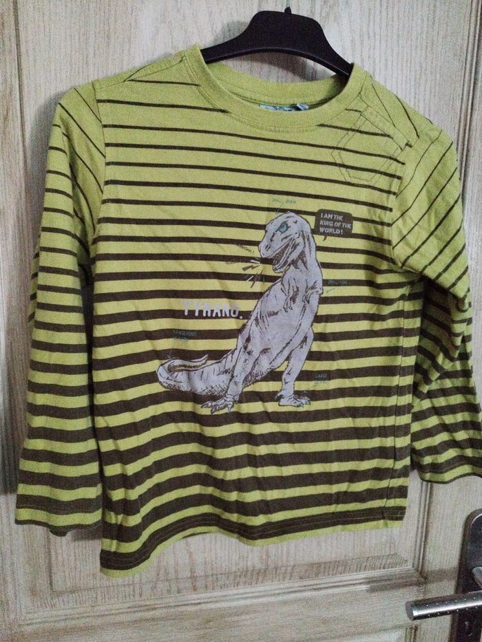 T shirt vert rayé vert et marron avec tyrannosaure