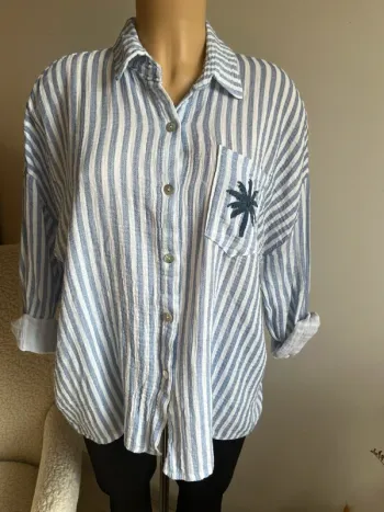 Chemise imprimée palmier rayée, bleu clair blanc 100% coton