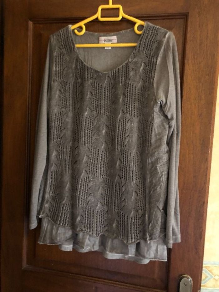 Pull bi-matières taupe