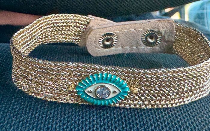 Bracelet manchette fils tissés dorés pailletés œil perles turquoises cristal habaha Paris - photo numéro 6