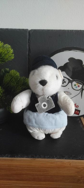 peluche écureuil tartine et chocolat appareil photo photographe blanc bleu béret