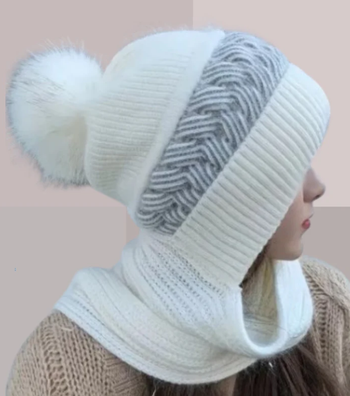 Bonnet fourré et Écharpe 2-en-1 Blanc - Maille Côtelée avec Pompon - Hiver