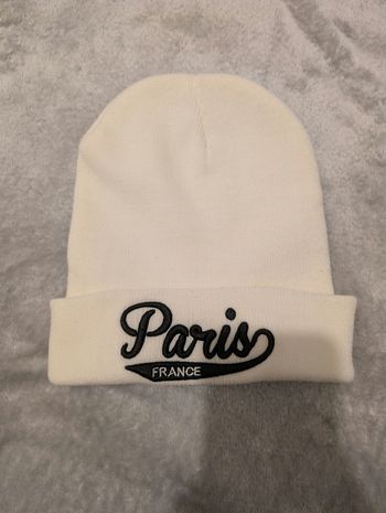 Bonnet Blanc Cassé Brodé "Paris France" Laine Acrylique Chaud T. Unique