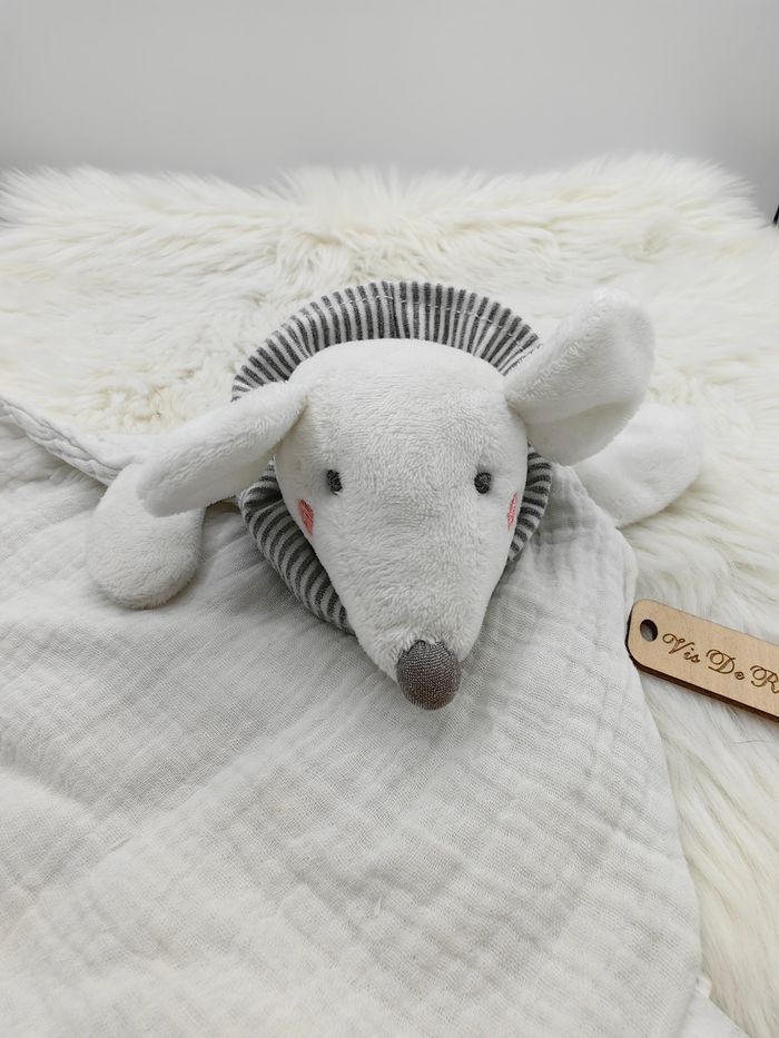 Doudou Lange semi plat Souris Blanc col rayé gris Zara Home - photo numéro 3