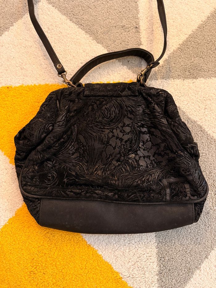 Sac à bandoulière en cuir et tissus noir vintage - photo numéro 3
