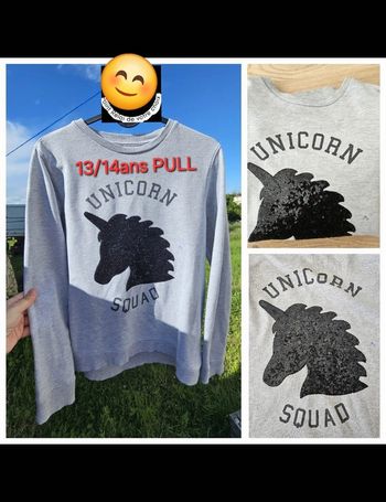 Pull licorne sequins 13 14 ans fille gris