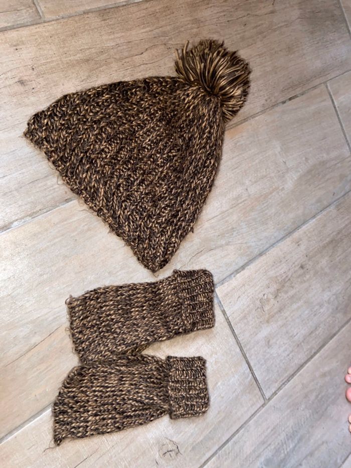 Moufles laine femme marron camel hiver chaud gants bonnet ensemble