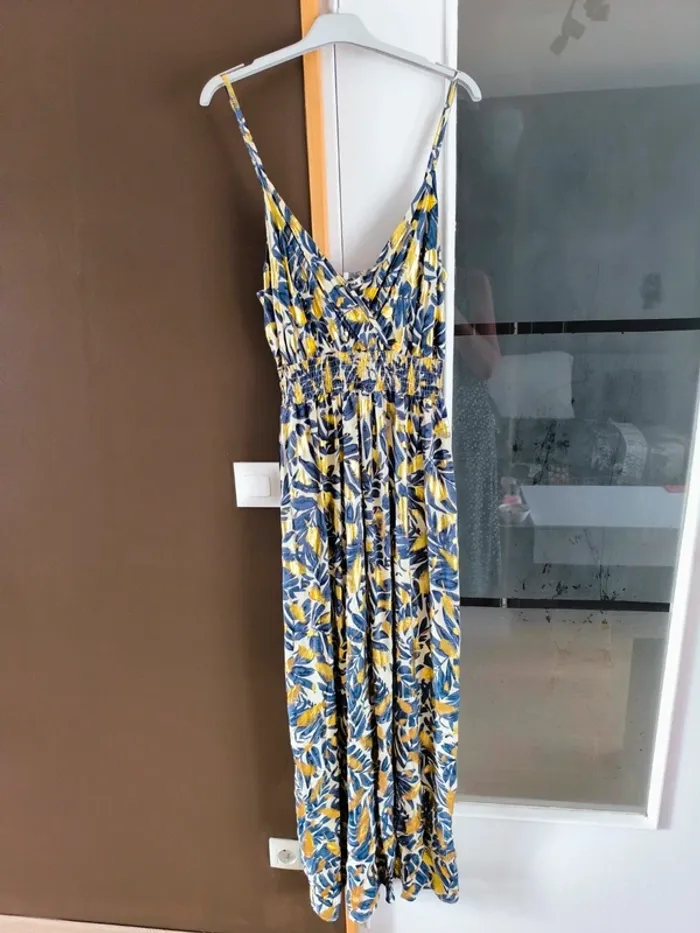 Robe longue imprimée tropicale bleue marine et beige femme 40/42 - photo numéro 6