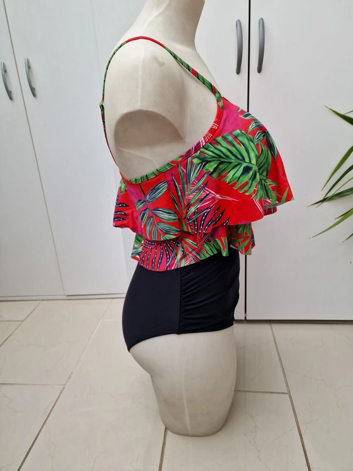 Tankini Taille Haute Maillot De Bain 2 Pieces Jungle Noir Rouge Rose Vert Volants Taille XL 44 - photo numéro 11