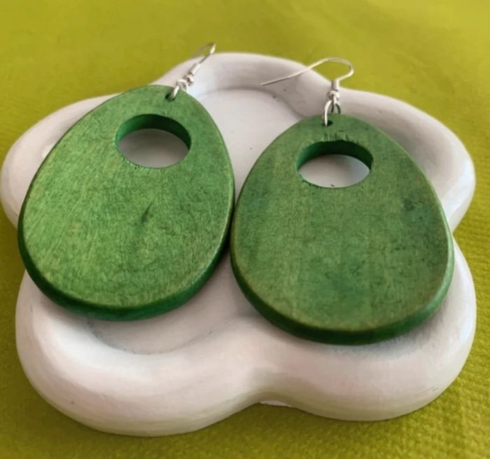 Boucles d’oreilles xxl vintages goutte d’eau verte en bois - photo numéro 6