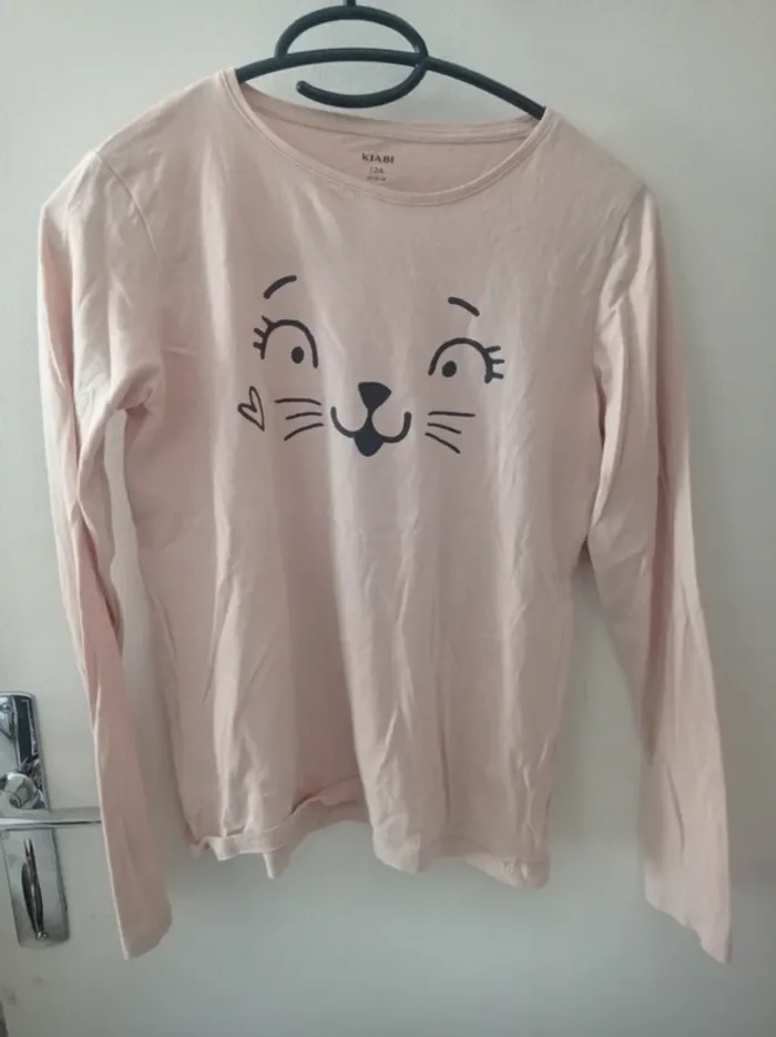 T-shirt manche longue beige motif chat