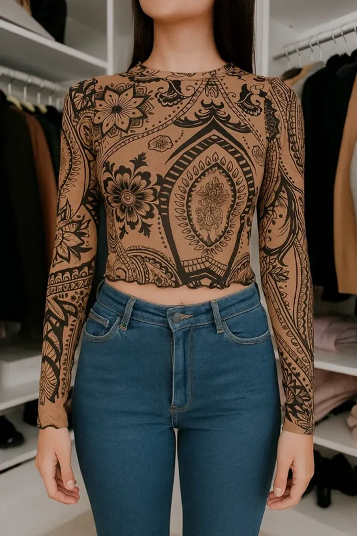 Top semi transparent S motifs noir et marron