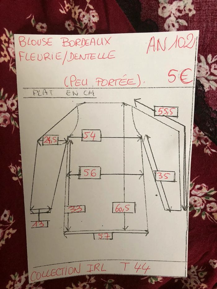 AN102- Blouse bordeaux fleurie/dentelle T 44 - photo numéro 12