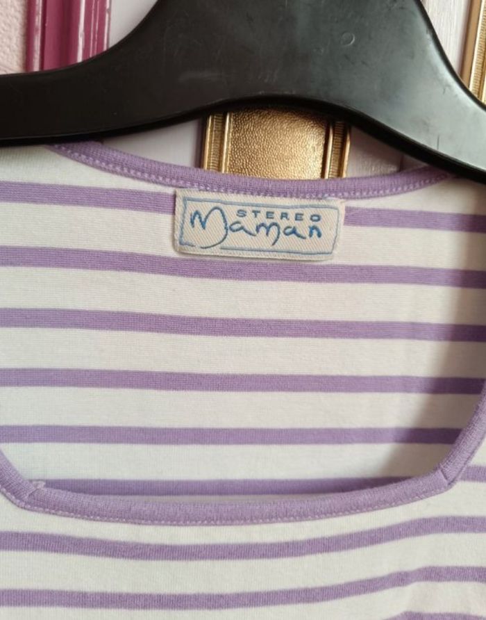 Tee-shirt " Stéréo Maman" rayé blanc  mauve - photo numéro 5