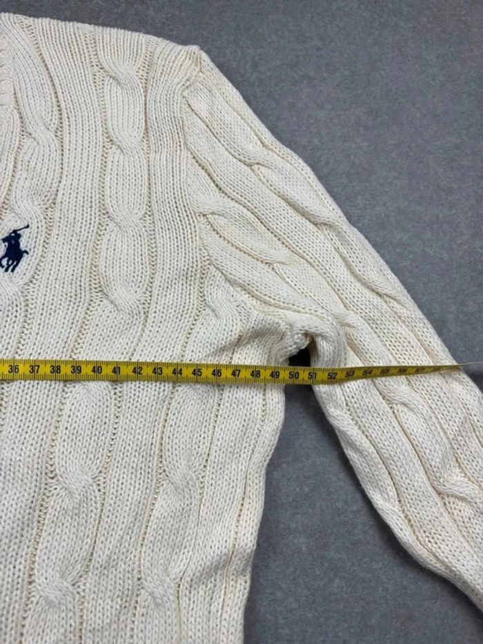 Pull d’hiver torsadé en maille pima Cotton blanc crème logo bleu marine col V taille M femme - photo numéro 13