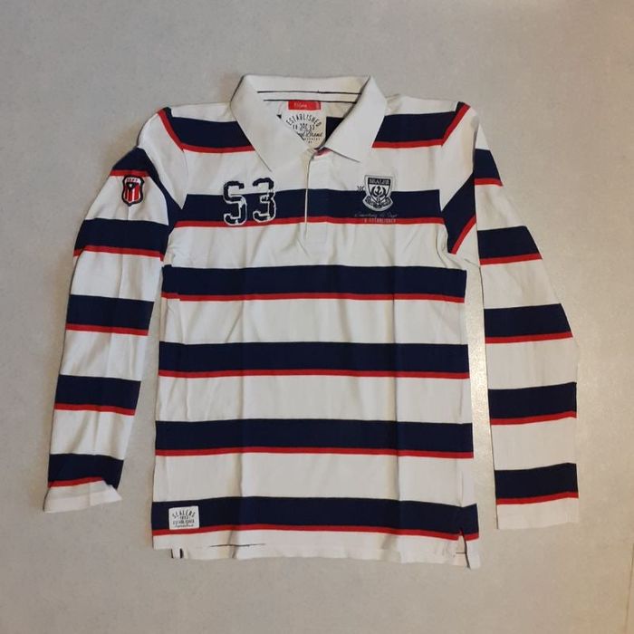 Polo manches longues Raye Marine, blanc et fines rayures rouges